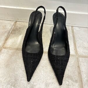 H&M Tweed Black Pointed Slingback Heels - Chic Evening Pumps